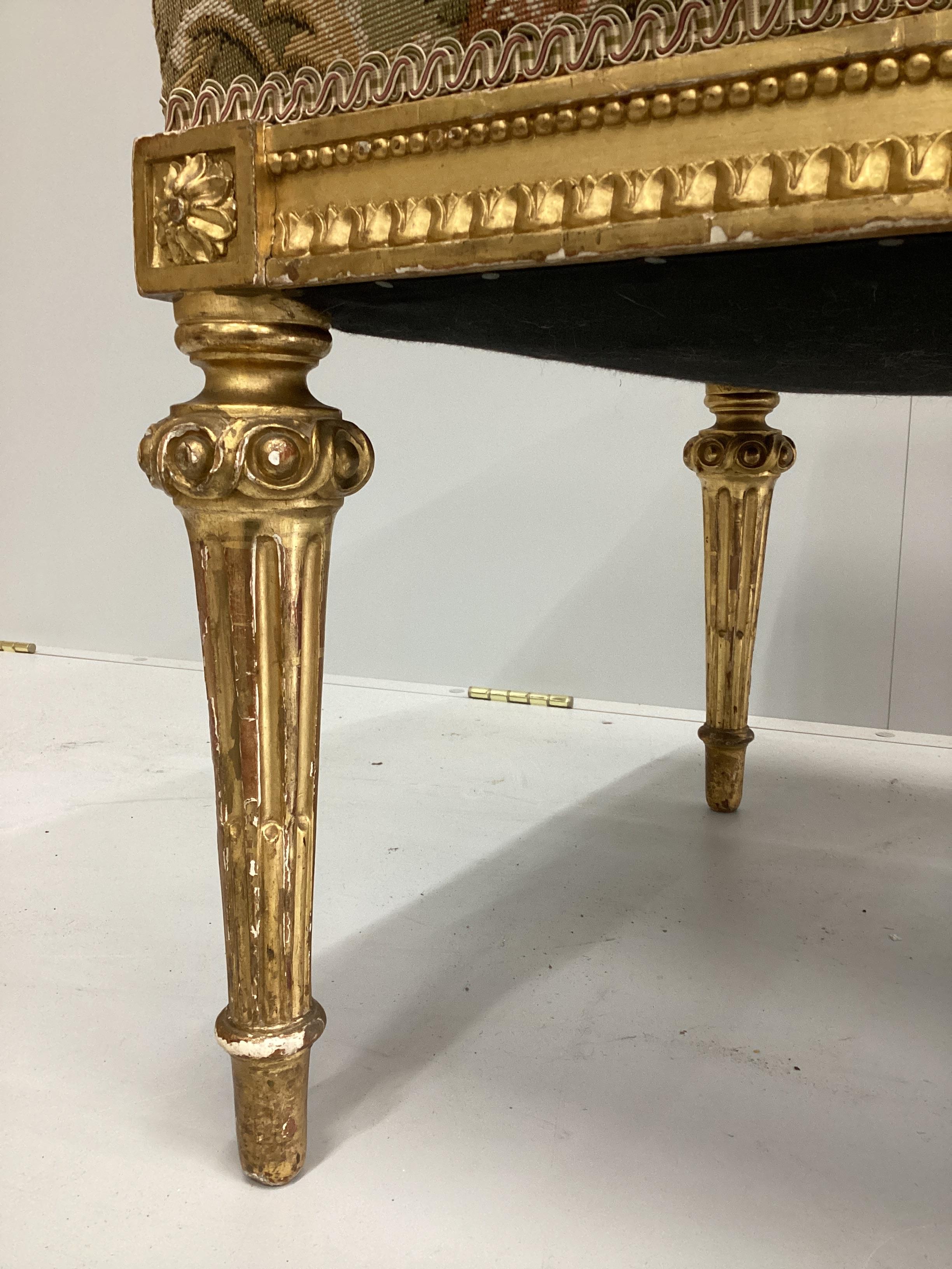 A Louis XVI style giltwood stool, width 64cm, depth 53cm, height 45cm